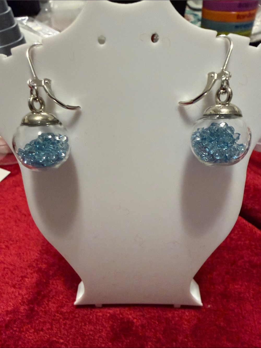 New Glass Globe Drop pierced Earrings with Blue Crystals inside silver tone